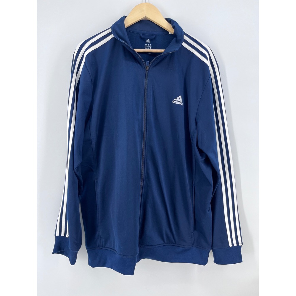 Adidas Mens Track Jacket Navy Blue Full Zip 3 Stripe Logo XL Athletic Activewear